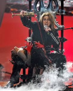 Samir Javadzade singing in his scenic role of demon at the Eurovision 2008 in Belgrade, Serbia